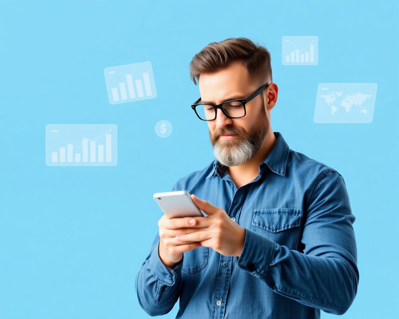 Empresário analisando indicadores financeiros no smartphone